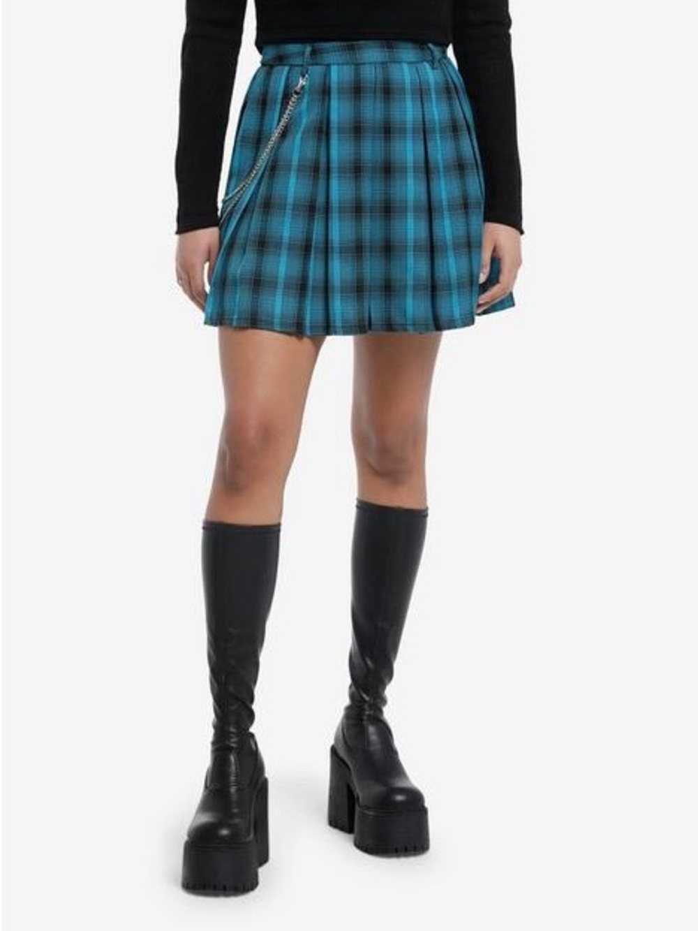 Hot Topic Teal Plaid Pleated Chain Mini Skirt